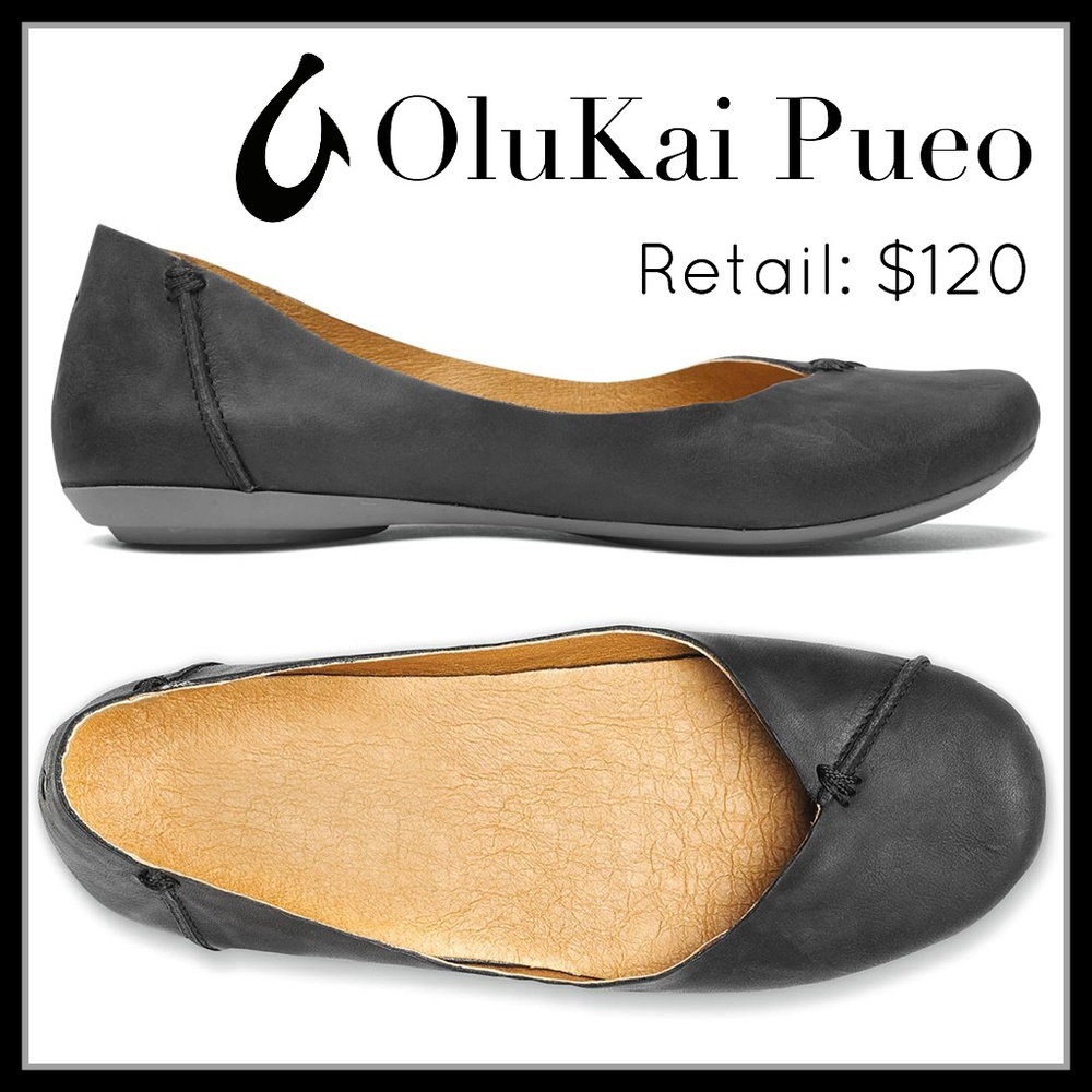 OLUKAI Pueo Black Leather Ballet Flats /Sz.6.5 GUC